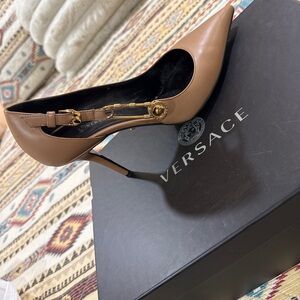 Versace Tan Leather Heels with Gold Accents